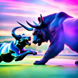 brightly coloured 3D infinity symbol ∞, bull with horns on right beating a bear on left in a fight, DSLR with a 80mm lens, set to f/16 and a slow shutter speed of 1/15s, striking, neon, vibrant, chiaroscuro, dramatic, captivating, high-tech, powerful, fantasy, beautiful, octane render, 16k post-production, artstation: award-winning: atmospheric: commanding: fantastical: clarity: ultra quality: striking: brilliance: stunning colors: amazing depth; lens: f/11, 35mm