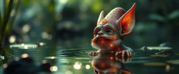 airbrush and pen outline, a glittering Deep Gnome (Svirfneblin) gremlin looking up from beneath the surface of a pond, goa psy ambient in the style of vangelis and fsol, source vibrations, bokeh like f/0.8, tilt-shift lens 8k, high detail, smooth render, down-light, unreal engine, prize winning