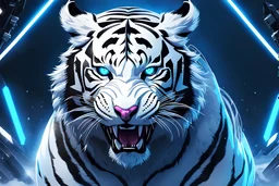 Cyber Machine venom in 8k anime realistic drawing style, white tiger them, neon effect, close picture, snow, black wings, apocalypse, intricate details, highly detailed, high details, detailed portrait, masterpiece,ultra detailed, ultra quality