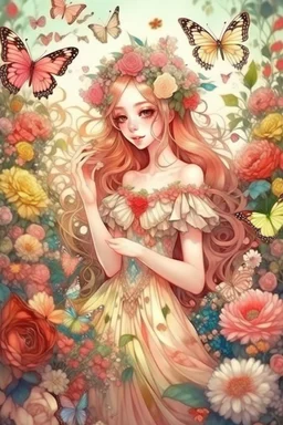 A beautiful gentle elf girl in a very beautiful airy dress, surrounded by fabulous flowers, plants, butterflies