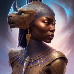 sango fantasy, fantasy magic, intricate, sharp focus, illustration, highly detailed, digital painting, concept art, matte, artgerm and paul lewin and kehinde wiley, masterpiece Asian black panther Papu New Guina pyramid black space lady space blood moon galaxy