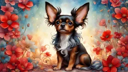 Art by Cameron Gray, long-haired Russian Toy Terrier, brown and red, watercolor painting, Jean-Baptiste Monge style, bright, spring-like beautiful, splashy, big perfect eyes, sparkling, cute and adorable, Pale background, contour lighting, lights, extraordinarily fluffy, magical, surreal, fantasy, digital art, spanking, James Jean,