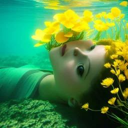 girl underwater with yellow flowers for hair, closed eyes, rtx, reflection, 8k, glow, winning photography, caustics