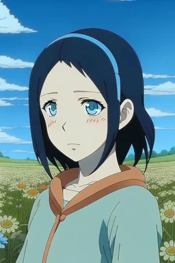 Naruto screencap of a female with very short, black hair with and drawn blue eyes. Beautiful background scenery of a flower field behind her. With studio art screencap
