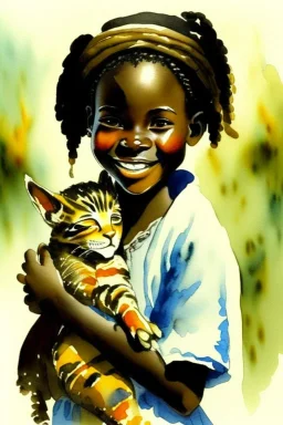 A cute smiling african girl is holding a kitten. Watercolour