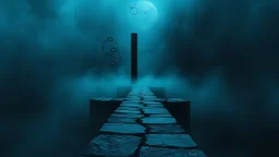 passage over nothingness, surreal, dark and cold abstract artwork dominated by deep blue, icy cyan, charcoal black and muted steel-grey tones. An narrow passageway emerges from an abstract distorted weird landscape, surrounded by thick fog and drifting mist. The space feels nightmare, alien and unsettling, with tiny floating circles and lines geometric forms, black onix column fragmented and unnatural perspectives. At the center of the composition cracked stone way over abyss