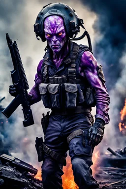 an epic 12k,ultra high definition , digital photo of a scary looking alien, purple colored alien, angy and rising from the ashes, a war veteran, army beret , captain rank, ripped and torn ammo clothing, chaotic fiery and dust background, dramatic close-up action shot of him behind the machine hand gun on the burned out war tanker,gothic and sinister