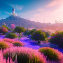 Blue crsital tower in a flowery countryside, glitter pink in a galactic ambiance, delicate colors in the foreground, full of details, smooth, light effect，vaporwave colorful, smooth, extremely sharp detail, finely tuned detail, ultra high definition, 8 k, unreal engine 5, ultra sharp focus