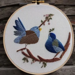 exquisite whimsical birds in embroidery hoop, intricate, highly detailed, linen and wood backdrop