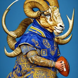 Book of Kells carpet page in blue and yellow colors, picture of a bighorn ram in armor and holding a football, a highly detailed illustration, realistic render, 8 k, micro detail, intricate, elegant, centered, digital painting, Artstation, smooth, sharp focus, illustration, artgerm