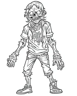 outline art for zombie oloring page, Japanese manga style, cartoon style, cute face, white background sketch style, full body is a must, only use outline, clean line art, no shadow, bold outline