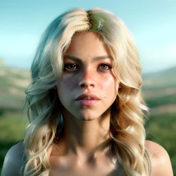 Shakira, artist, 30 years old, Realistic image, waist up portrait, Michael Goundry style. blonde, loose long hair, eyes make up, perfect, glow, circle iris. concept art, smooth, unreal engine 5, god lights, ray tracing, RTX, lumen lighting, ultra detail, volumetric lighting, 3d, finely drawn, high definition, 4k.