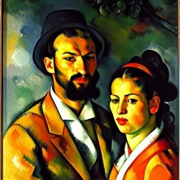 portrait of Jacobo Santiago Mozos born in 1976 and Gemma Arnau Arnau born in 1979,by Paul Cézanne, oil on canvas, cinematic composition, extreme detail,8k,fit full head inside picture,