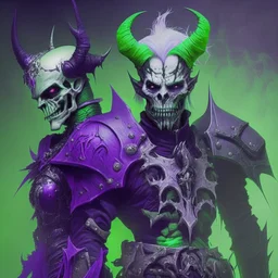 Demonio hombre con armadura verde y negro y casco de calavera posando con un demonio hombre de armadura morada y verde con cabellos blancos