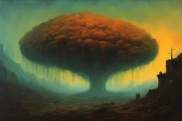 the catastrophic misfortune visited on the helpless and innocent by the machinations of rampant corporate greed in the style of Zdzislaw Beksinski, light luminous colors and otherworldly dystopian aesthetic, decay and the grim struggle for life