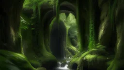 A hidden alcove in an ancient, ivy-covered stone wall, concealed beneath a cascading waterfall in a lush, enchanted forest