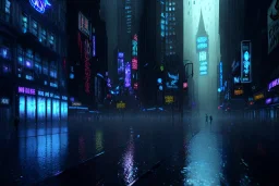 Atmospheric, night, gotham city, dark, unsafe, rain, high level of detail, high definition, blue neon, blue lights, blender 3d