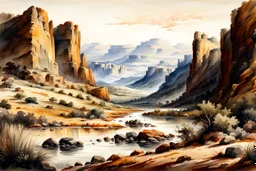 museum quality watercolor painting of the early 19th century, undiscovered American Southwest in the style of Karl Bodmer, rendered as an aquatint, with a fine art aesthetic, highly detailed , 8k UHD cinegraphic realism