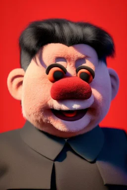 Waist up muppet Portrait, Kim Jong-un as muppet doll, black suit, photo studio, red background, unreal engine 5, concept art, art station, god lights, ray tracing, RTX, lumen lighting, ultra detail, volumetric lighting, 3d.