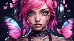dj girl, pretty eyes perfect eyes beautifull girl, highly detailed face, , tattoo body girl, dark design, beautiful face, pink hair , high quality, 32K ultra hd, hyper realistic, high definition, ultra details, beautiful effects, gems, butterflies, anime, illustration, cinematic, conceptual art, dark fantasy