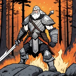 [comics Head Lopper style by Andrew MacLean] The old ranger warrior, clad in padded armor that bore the scars of countless battles, sets his campfire at the edge of the forest. Positioned on a hill, a large rock shields him from the rain, while the flames of the fire illuminate his weathered features in a warm orange glow. His eyes, hardened by a life of combat and survival, scan the surrounding darkness with a steely gaze. The night air is thick with the scent of damp earth and pine, the sound
