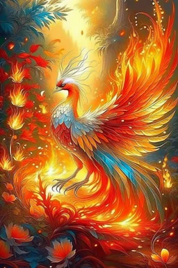 a firebird, fiery feathers that shine with silver and gold and burn with fire, a long sparkling tail burns with fire, wings like tongues of flame, eyes glow like crystals, an unusual fiery light reflects its belonging to another non-human world, in a faraway kingdom in a beautiful garden, rejuvenating apples grow in the garden, realism, light, highlights