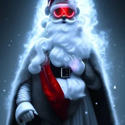 All Black Santa, ghost, wearing high tech mask, white smoke, dark, rage, high definition, ultra 8 k, volumetric lighting, blue fire, fog red rain