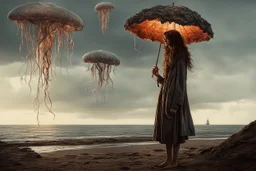 Full Body Shot Of A Young, Slim Woman Covered In rags, standing under a tree, holding an umbrella made from a jellyfish, a glowing ball in her hand, photorealistic, Detailed Matte Painting, Deep Colour, Fantastical, Intricate Detail,