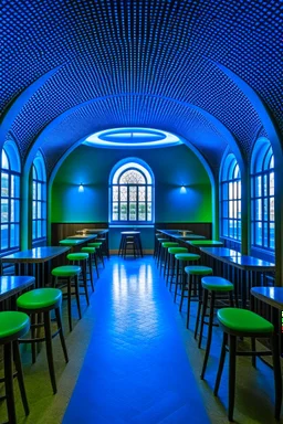 A restaurant whose outer walls are oval in shape and its interior is blue and its floor is light with a bar table in the middle of the restaurant in the shape of an oval containing 30 chairs and there are no windows in the restaurant