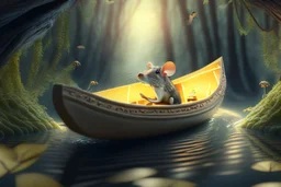 strong mouse in cheese boat, in monlit forest by stream, book illustration, fine detail, 4k, trending, volumetric light, depth of field