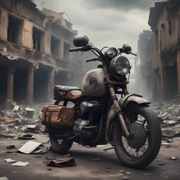 apocalyptic , atmospheric ancient BMW motorcycle with luggage ruined city