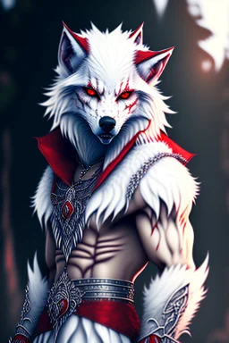 Feral, White fur, Werewolf, Red eyes, character, waist up portrait, oil on canvas, expert, insanely detailed, 4k resolution, cinematic smooth, intricate detail,