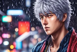 Gintoki in 8k 2D anime realistic drawing style, Gintama costum, close picture, rain, neon, highly detailed, high details, detailed portrait, masterpiece,ultra detailed, ultra quality