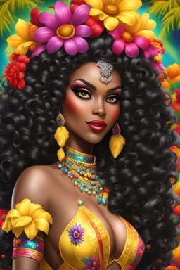 Create a digital airbrush cartoon of a curvy African American female wearing Brazilian carnaval outfit outfit that's Black, yellow, and red Prominent make up with hazel eyes. Highly detailed very long extremely curly black hair. Her skin is smooth and silky. Background eof a judge full of colorful flowers