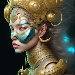 ssango fantasy, fantasy magic, intricate, sharp focus, illustration, highly detailed, digital painting, concept art, matte, artgerm and paul lewin and kehinde wiley, masterpiece silver elephant head bronze Asian African girl nice breast Hawaiian hair turquoise golden waves