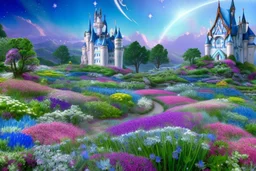 fairy and cosmic landscape with blue grass, magic plants, sky with light and stars. fairy white castle with diamond