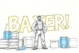a drawing with sketch lead pencil, The word "BAXER" in yellow floating like a big sign, strong painting, strong expression, BAXER!, BAXER! the word Baxer, WOODEN CRATES AND BLUE BARRELS, A WORKING MAN STANDS THERE WITH VERY BIG STRONG MUSCLES