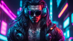 male cyberpunk solo with long hair, korean, Wearing Urban Gang Flash and mirrored dark sunglasses, and , headaphone, strong cyber warrior, black tatoo, attrakvtive man, Retroanime, rembradt lighting, neon complementary colors, dark vibe, scifi
