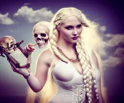 Very sensual gorgeous curvy young white woman blonde hair maiden dressed in white posing sensually with plaits, and with a skull in her hand, background of ancient marble Roman arcs heavenly sunshine beams divine bright soft focus holy in the clouds steampunk engine steampunk engine.