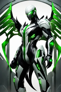 Cyborg symbiote, white color, green color, tendrils, high tech, cyberpunk, biopunk, membrane wings, carbon fiber