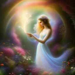 beautiful fairy inside a flowery dreamscape, soft pastel colors, soft lightning