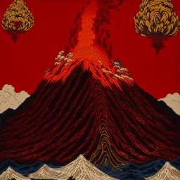 A dark orangish red volcano with spewing fire designed in Mehndi design painted by Katsushika Hokusai