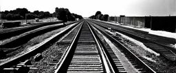view of Railroad tracks passing from left to right , black and white, oval fade boarder vignette