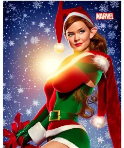 woman elve. Christmas scene. poster. marvel comic. low-key