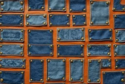 leather background covered with a grid of many different sized rectangular weathered and faded denim patches (navy blue) that are each stitched (brown) and nailed (brass) around the edges