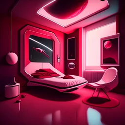 Dark Cartoon futuristic dark red, red, pink, and white space bedroom with a table in the corner with a hover chair and a bed against the wall, interior