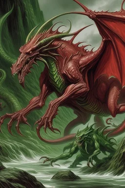 a red dragon fighting cthulhu in R'lyeh. style of Larry Elmore.