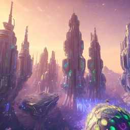 futuristic city with astroport and transparent bridges, galactic landsacape with multicolored crystals falling from the sky, full of details, smooth, bright sunshine，soft light atmosphere, light effect，vaporwave colorful, concept art, smooth, extremely sharp detail, finely tuned detail, ultra high definition, 8 k, unreal engine 5, ultra sharp focus