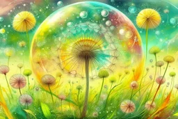 Create a watercolor and chalks painting, whimsical painterly fantasy art, a single large dandelion plant including appropriate leaves at the base of the stem, the head of the dandelion surrounded by a transparent bubble, the dandelion has gone to seed, paint splatter overlay, intuitive pastel colors, soft yellow meadow sprinkled with dandelions and small transparent bubbles in background, add reflections to the bubbles, watercolor and chalk style.