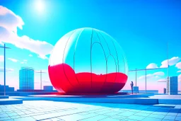 3D representation of architectural wonder, with a concrete design and matte reddish glass that contrasts with the light blue sky, emphasizing organic movement. Its design represents an ant with a bulbous tail and membrane wings with solar panels, its tail is made of concrete and glass. It stands out from pedestrians, creating a sense of scale. In open space, its use is a public place and as a great viewpoint in the mountains Combination of practicality and artistic expression in architecture